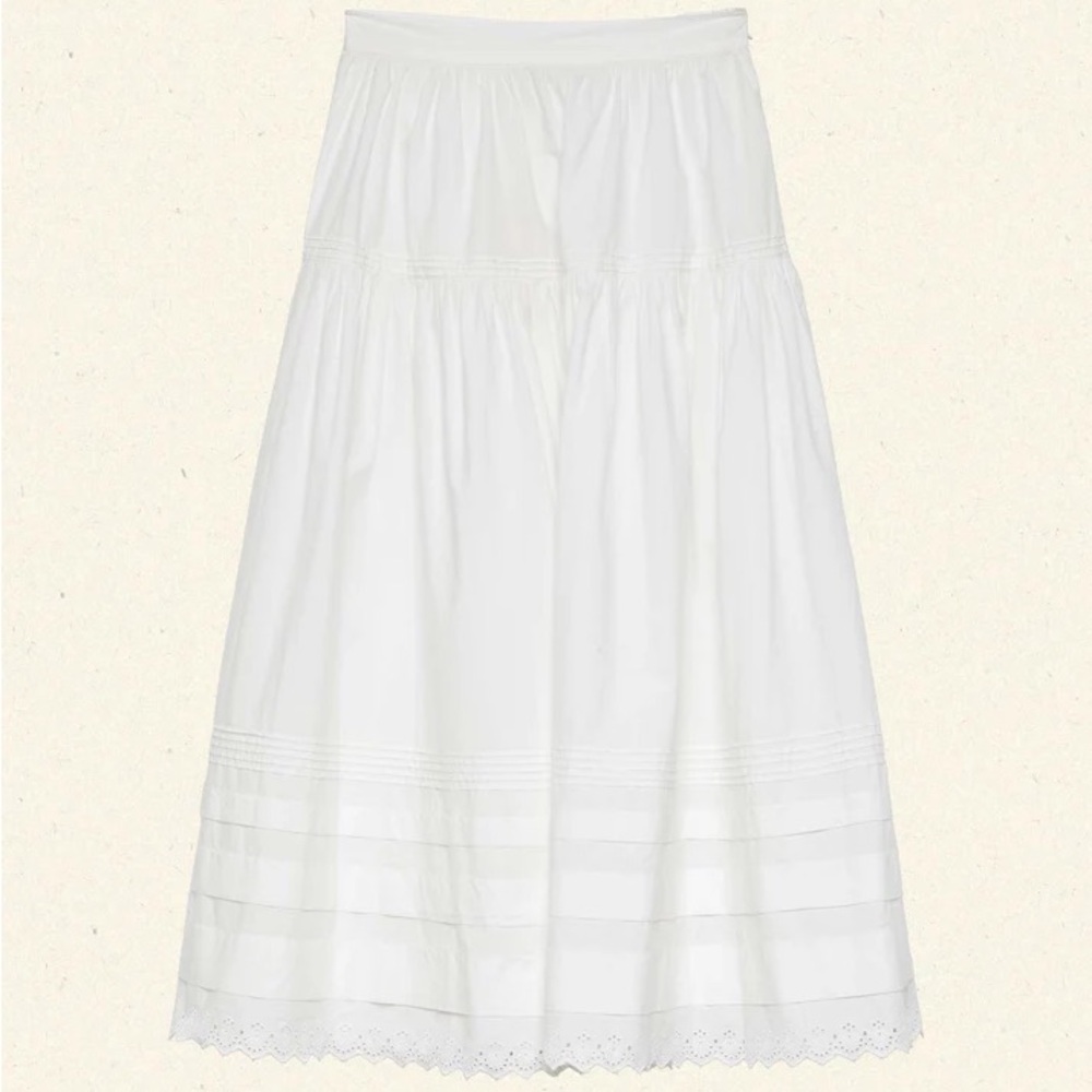 Doen White Midi A-Line Skirt with Pleated Tiers Sebastiane